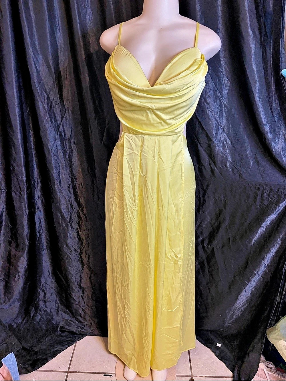 Fashion nova Yellow Draped cowl neck Cutout backless Maxi Dress Size 2XL